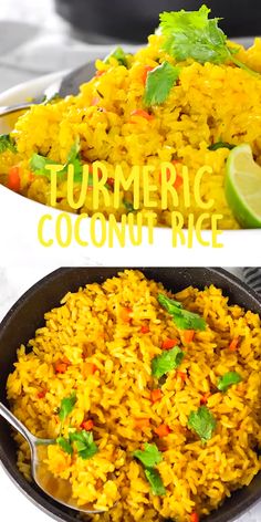 two pictures showing different types of rice and the words turmerice coconut rice