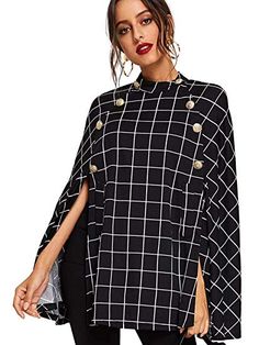 Amazon.com: MAKEMECHIC Women's Double Button Cloak Sleeve Elegant Cape Mock Poncho Classy Coat: Clothing Poncho With Sleeves, Jacket Formal, Leather Blouse, Elegant Coats, Clothes Outfits, Blouse Shirt, Office Lady