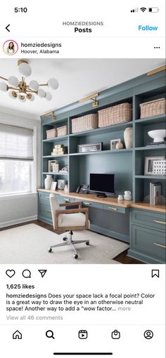 an instagramted photo of a home office with built - in desk and bookcases