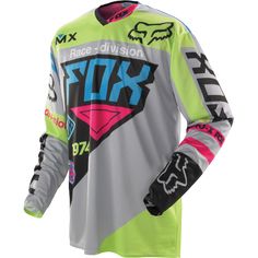 the fox racing jersey is green, pink and blue