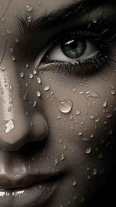 a woman's face with drops of water on her eyes and nose, as if it were raindrops