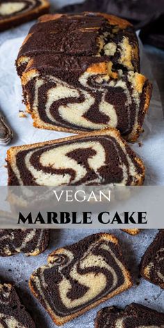 vegan marble cake with swirly chocolate icing on top, sliced and ready to be eaten