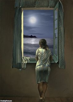 a painting of a woman looking out an open window at the ocean and moon in the sky