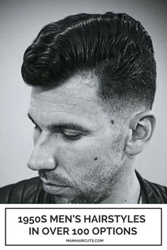 1950 Haircut, List Of Hairstyles, Slick Back Hairstyles, 1950s Man, Skin Fade Hairstyle, Man Haircuts, Long Mustache, Haircut And Style