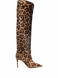 Brown/black pony hair x Brian Atwood Carra leopard-print boots from Scarosso featuring all-over leopard print, pointed toe, slip-on style, knee-length, high stiletto heel and leather outsole. Cheetah Over The Knee Boots, Chic High Heel Leopard Print Boots, Leopard Brown Boots, Over The Knee Leopard Boots, Animal Print Boots, Leopard Print Boots, Girl Boots, Print Boots, Brian Atwood Heels