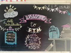 a chalkboard with some writing on it that says welcome to pm and other things