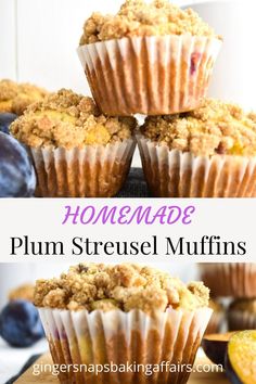 homemade plum streusel muffins stacked on top of each other