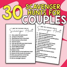 the book cover for 30 scavenger hunts for couples, with two sheets of paper