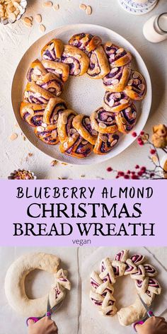 blueberry almond christmas bread wreath on a plate with the words blueberry almond christmas bread wreath