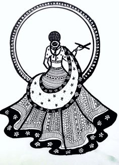 a black and white drawing of a woman sitting on top of a large circular object