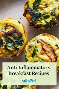 three breakfast muffins with spinach on top and the words anti - inflamatory breakfast recipes