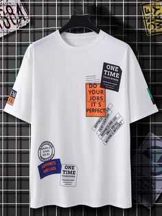 White Casual Collar Short Sleeve Fabric Slogan  Embellished Slight Stretch  Men Tops Minimalist Streetwear Design, Minimalist Shirt Design, Minimalistic Streetwear, Minimalist Tshirt Design, Slogan Graphic Tee, Minimalist Streetwear, Full Sleeve Tshirt, T Shirt Design Template, Minimalist Shirts