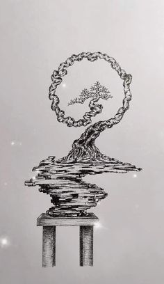 an ink drawing of a tree on top of water