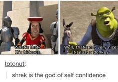 an image of two cartoon characters with caption that reads, totnut shrk is the god of self confidence