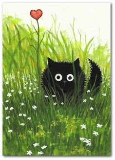 a painting of a black cat in the grass with a red heart on its nose