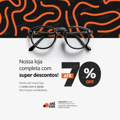 the glasses are on sale for 70 % off with an orange and black pattern in the background