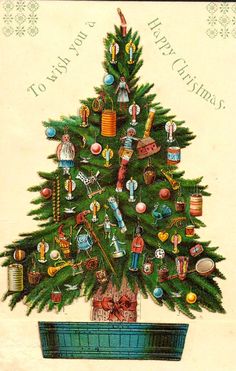 an old fashioned christmas card with a tree in the center and other decorations on it