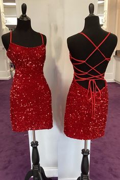 Spaghetti Straps Red Sequin Fitted Homecoming Dress Red Sparkle Dress Hoco, Red Glitter Dress Short, Red Homecoming Dresses Tight, Gala Dresses Short, Dress Back Open, Fitted Homecoming Dress, Valentine Dance, Red Hoco Dresses, Short Sparkly Dresses