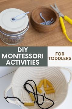 some scissors and other items on a table with text overlay that says diy montessori activities for toddlers