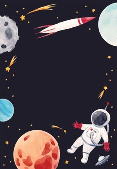 an astronaut is in the space with planets and rockets