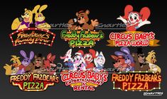 various cartoon characters are depicted in this graphic art printable advertisement for pizzas and restaurants