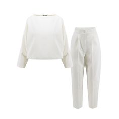 White set with oversized blouse with an elastic waistband and cropped slim fit trousers. Dry clean only. Relaxed Fit Straight Pants Set For Office, Chic Cropped Workwear Sets, Chic Cropped Sets For Workwear, Elegant Cropped Sets For Work, Playsuits For Women, Designer Jumpsuits, White Set, Oversized Blouse, White Jumpsuit