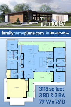 the floor plan for this modern home is shown in blue and green colors, with three bedroom