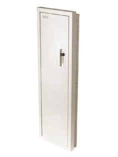 a white wall mounted enclosure with the door open and an electronic key lock on it