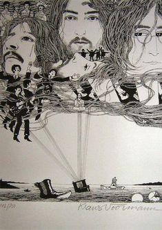 a black and white drawing of two men with long hair flying through the air above them