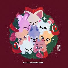 a bunch of cats that are in the middle of a circle with christmas decorations around them