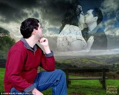 a man and woman sitting on a bench in front of a field with clouds above them