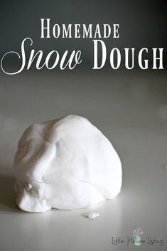 homemade snow dough on a white surface with text overlay that reads homemade snow dough