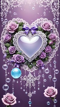 a heart with roses and pearls hanging from it's sides on a purple background