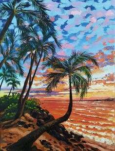 a painting of palm trees on the beach at sunset with clouds in the sky above