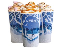 two cups filled with different types of desserts and marshmallows on top