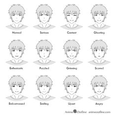 an anime character's face chart with different facial expressions and hair types for each individual