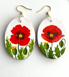 two red flowers painted on white wood earrings