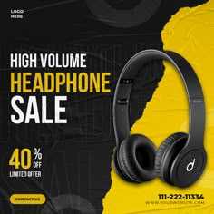 headphones sale advertise with black and yellow colors on the background, high volume headphone sale