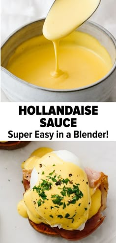 hollandaise sauce being drizzled over an english muffin