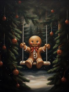 Gingerbread Man on Swing Wall Art Christmas Theme Pictures, Gingerbread Man Art, Yule Art, Canvas Photos, Fantasy Christmas, Printable Christmas Decorations, Santa Art, Christmas Pics, Pub Decor