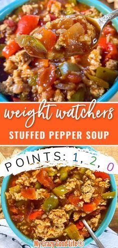 two pictures with the words weight watchers stuffed pepper soup in it and on top