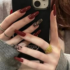 Cute Prom Nails For Black Dress, Almond Nails Designs Dark Red, Dark Red Almond Nails Designs, Dark Red Coffin Nails, Dark Red Nails With Design, Long Press On Nails, Red Acrylic Nails, Almond Nail, Dark Nails