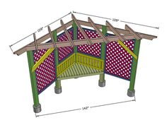 an outdoor play structure with wooden posts and pergolated panels on the roof, in front of a white background