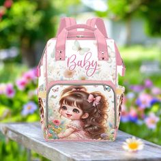 If You Need It Faster - Please Choose Express Shipping At Checkout for 5-7 Day Delivery.  Personalize Optional - Designer Diaper Bags - Cute Brunette Baby Girl In Pink Pink Bows, Sitting in a Spring Meadow With Butterflies - Diaper Bag - Waterproof Multi-Function Backpack.  Personalize With Baby's Name Optional Where The Word "Baby" Is, You Can Have A Baby's Name Or Another Word You Would Like, Up To 20 Characters.    If You do not wish to personalize, then just add the original baby bag to your Designer Diaper Bag, Spring Meadow, Mommy Bag, Baby Girl Shower Gifts, Pink Bows, Baby Diaper Bags, Diaper Bag Backpack, Diaper Bags