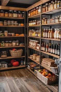 a pantry filled with lots of different types of food and condiments on shelves