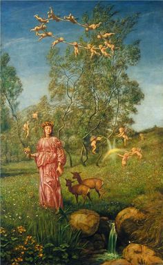 a painting of a woman standing next to a stream with deer in the grass and trees