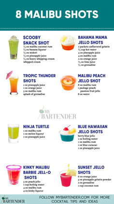 Malibu Shots Simple Malibu Drinks, Hello Shots With Malibu, Malibu Rum Party Theme, Fun Alcoholic Drinks Recipes, Malibu Rum Shots, Malibu Jello Shot Recipes, Malibu Rum Shots Recipes, Malibu Shots Recipes, Rum Shots Recipes