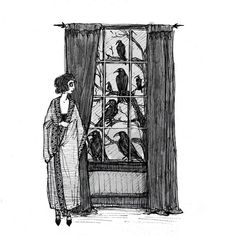 a black and white drawing of a woman looking at birds in a window