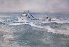 a painting of a boat in rough seas