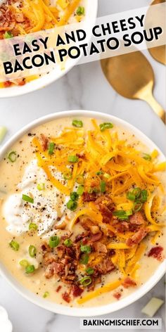 two bowls filled with bacon and cheesy potato soup